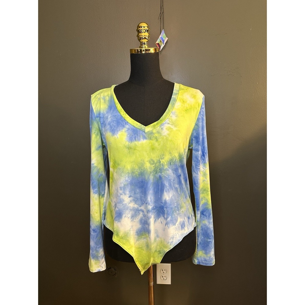 Mango pop Green Blue Tye‎ Dye Long Sleeve V Neck Body Suit XXL